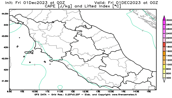 GFS analysi map - CAPE and Lifted Index in Central Italy
									on December 1, 2023 H00