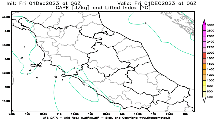 GFS analysi map - CAPE and Lifted Index in Central Italy
									on December 1, 2023 H06