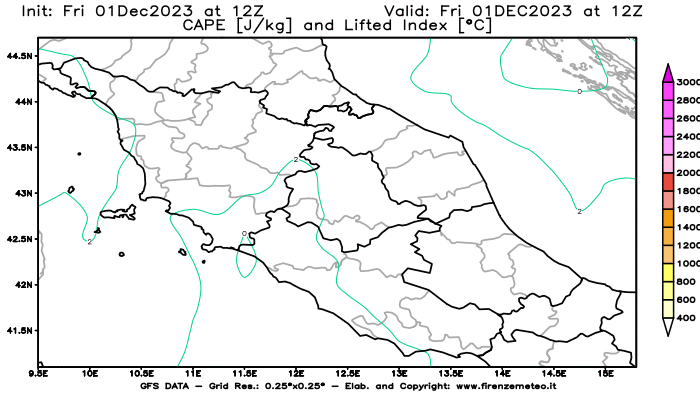 GFS analysi map - CAPE and Lifted Index in Central Italy
									on December 1, 2023 H12