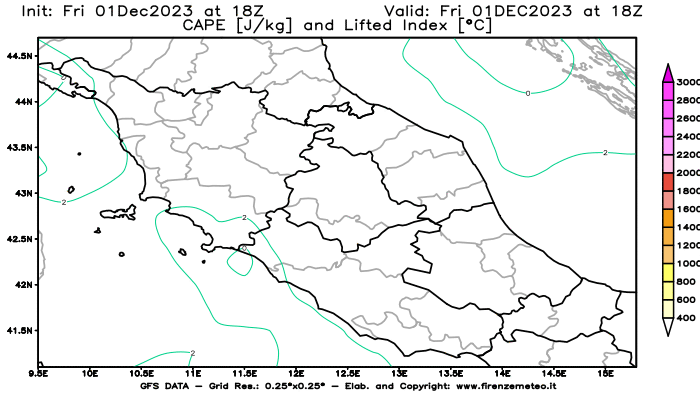 GFS analysi map - CAPE and Lifted Index in Central Italy
									on December 1, 2023 H18