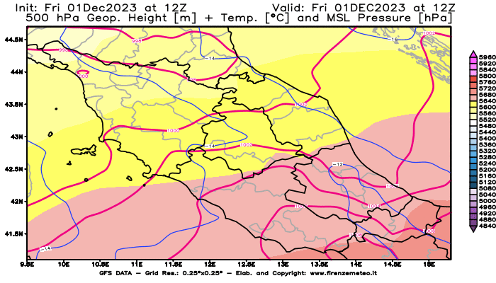 GFS analysi map - Geopotential + Temp. at 500 hPa + Sea Level Pressure in Central Italy
									on December 1, 2023 H12