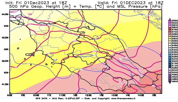 GFS analysi map - Geopotential + Temp. at 500 hPa + Sea Level Pressure in Central Italy
									on December 1, 2023 H18