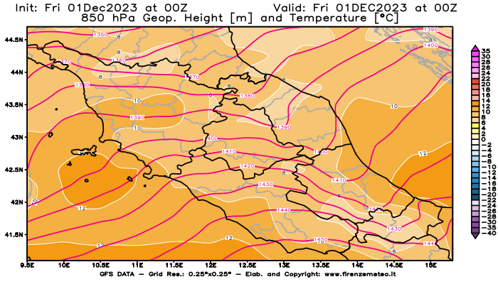 GFS analysi map - Geopotential and Temperature at 850 hPa in Central Italy
									on December 1, 2023 H00