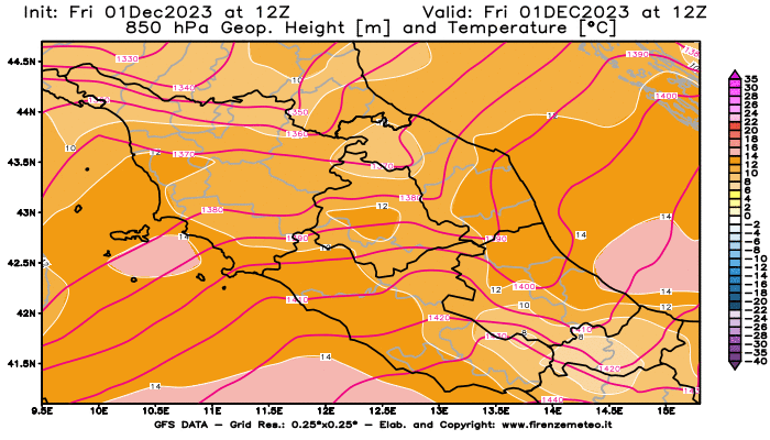 GFS analysi map - Geopotential and Temperature at 850 hPa in Central Italy
									on December 1, 2023 H12