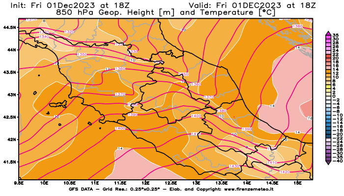 GFS analysi map - Geopotential and Temperature at 850 hPa in Central Italy
									on December 1, 2023 H18