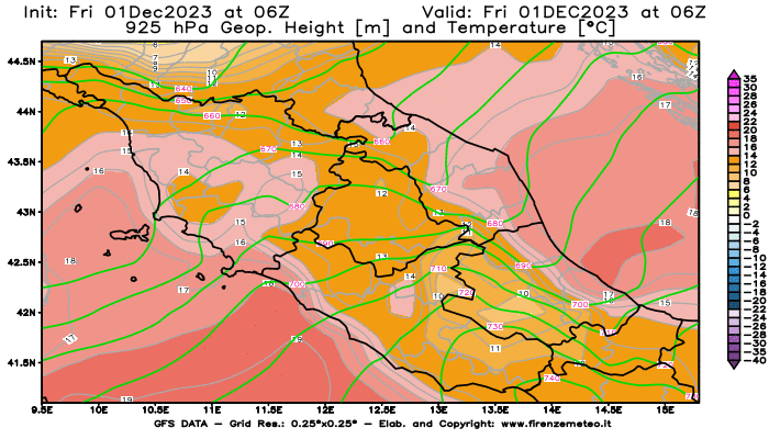 GFS analysi map - Geopotential and Temperature at 925 hPa in Central Italy
									on December 1, 2023 H06