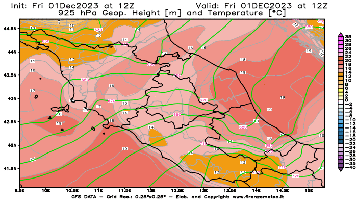 GFS analysi map - Geopotential and Temperature at 925 hPa in Central Italy
									on December 1, 2023 H12