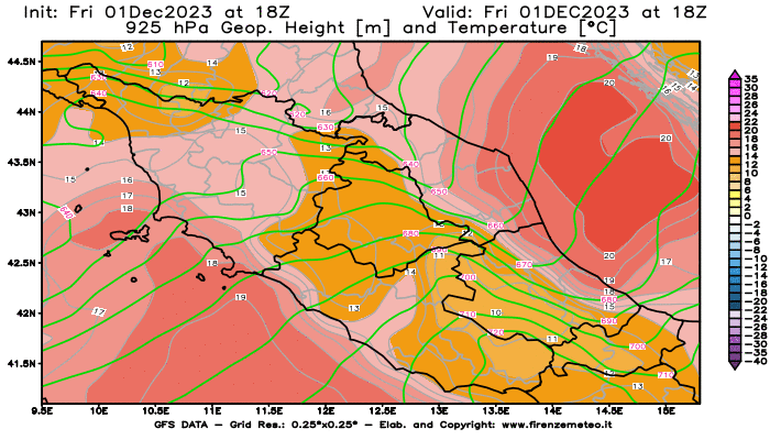 GFS analysi map - Geopotential and Temperature at 925 hPa in Central Italy
									on December 1, 2023 H18
