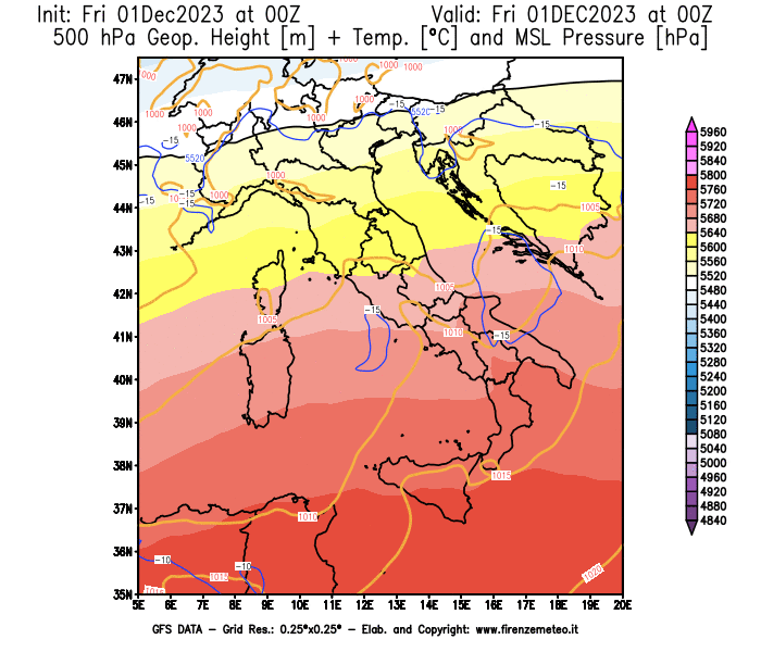 GFS analysi map - Geopotential + Temp. at 500 hPa + Sea Level Pressure in Italy
									on December 1, 2023 H00