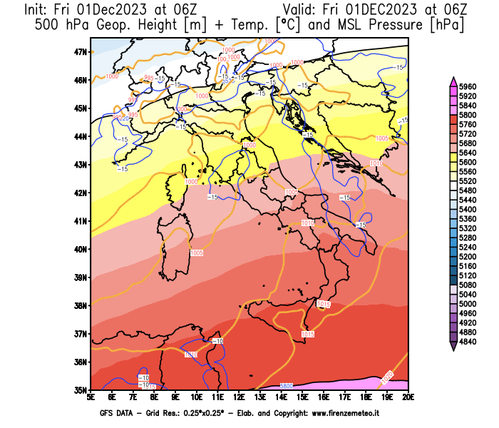 GFS analysi map - Geopotential + Temp. at 500 hPa + Sea Level Pressure in Italy
									on December 1, 2023 H06