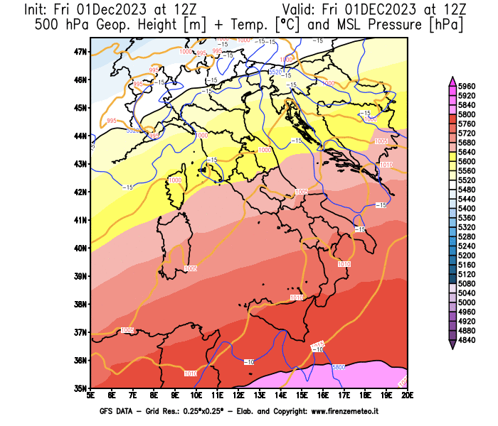 GFS analysi map - Geopotential + Temp. at 500 hPa + Sea Level Pressure in Italy
									on December 1, 2023 H12