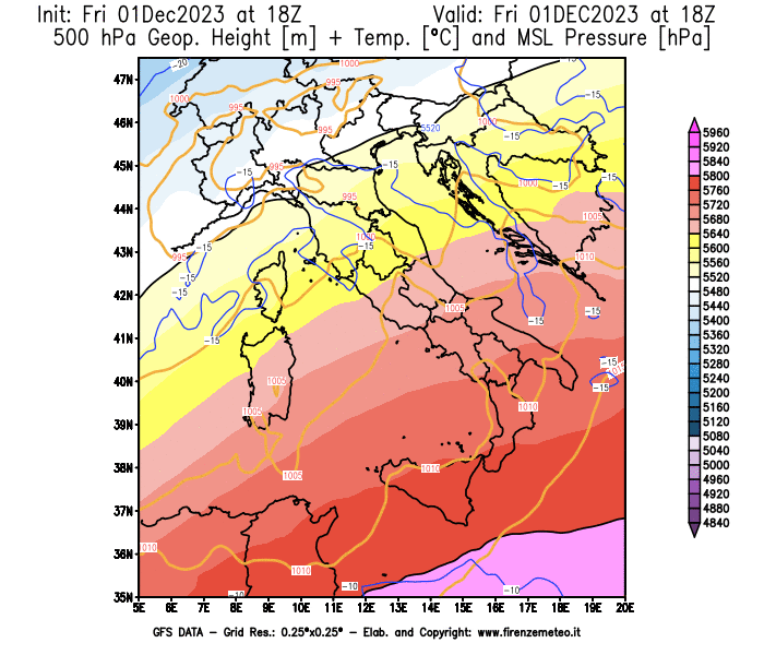 GFS analysi map - Geopotential + Temp. at 500 hPa + Sea Level Pressure in Italy
									on December 1, 2023 H18