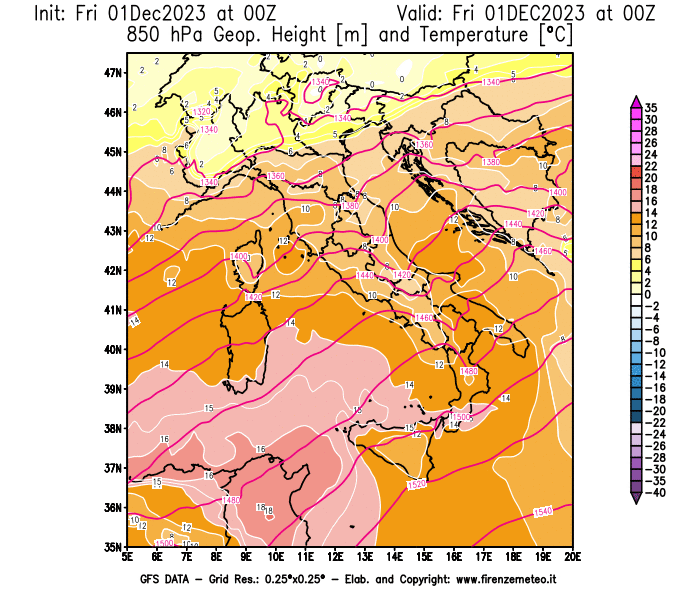 Mappa di analisi GFS - Geopotenziale e Temperatura a 850 hPa in Italia
							del 1 dicembre 2023 z00