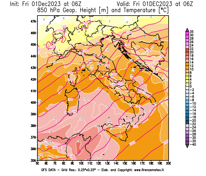 Mappa di analisi GFS - Geopotenziale e Temperatura a 850 hPa in Italia
							del 1 dicembre 2023 z06