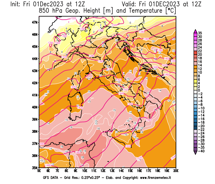 Mappa di analisi GFS - Geopotenziale e Temperatura a 850 hPa in Italia
							del 1 dicembre 2023 z12