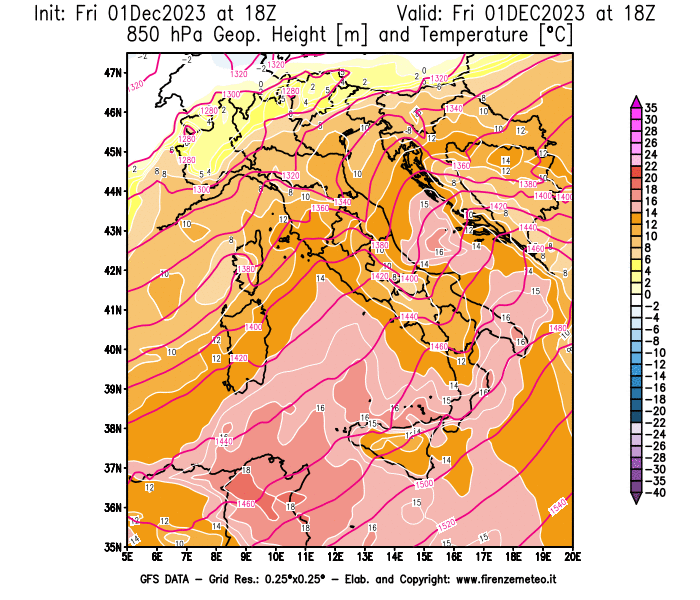 Mappa di analisi GFS - Geopotenziale e Temperatura a 850 hPa in Italia
							del 1 dicembre 2023 z18