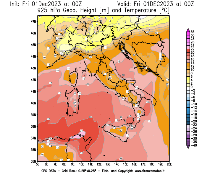 GFS analysi map - Geopotential and Temperature at 925 hPa in Italy
									on December 1, 2023 H00