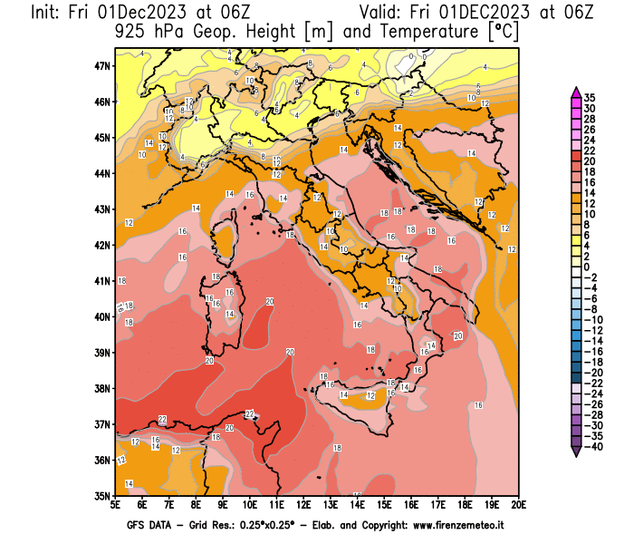 Mappa di analisi GFS - Geopotenziale e Temperatura a 925 hPa in Italia
							del 1 dicembre 2023 z06