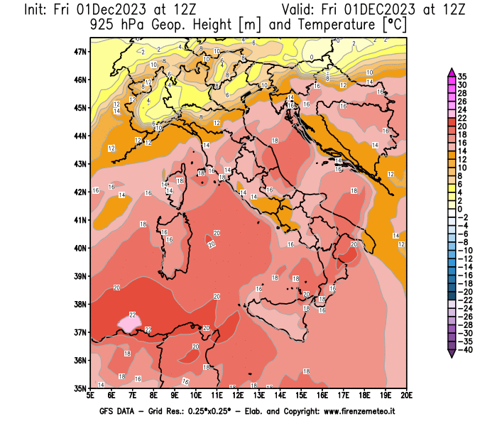 Mappa di analisi GFS - Geopotenziale e Temperatura a 925 hPa in Italia
							del 1 dicembre 2023 z12