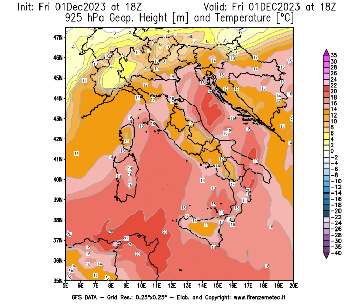 Mappa di analisi GFS - Geopotenziale e Temperatura a 925 hPa in Italia
							del 1 dicembre 2023 z18