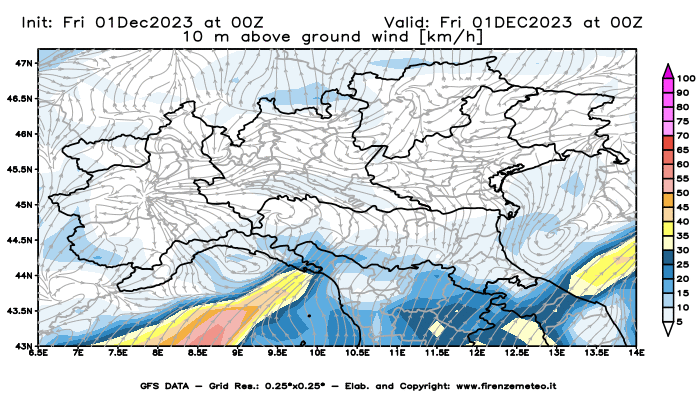 Mappa di analisi GFS - Velocità del vento a 10 metri dal suolo in Nord-Italia
							del 1 dicembre 2023 z00