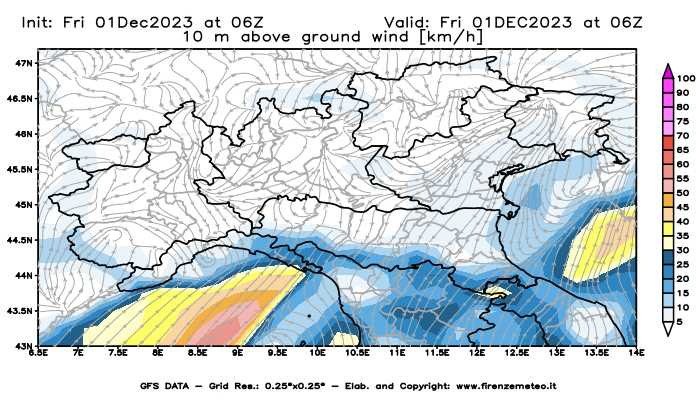 Mappa di analisi GFS - Velocità del vento a 10 metri dal suolo in Nord-Italia
							del 1 dicembre 2023 z06