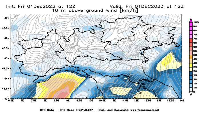 Mappa di analisi GFS - Velocità del vento a 10 metri dal suolo in Nord-Italia
							del 1 dicembre 2023 z12