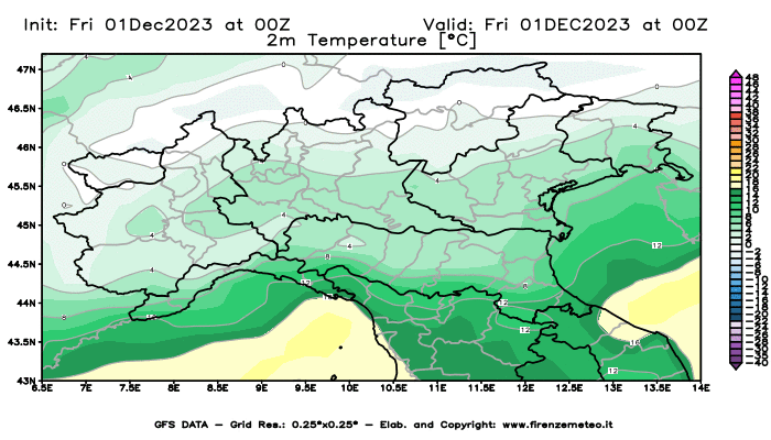 Mappa di analisi GFS - Temperatura a 2 metri dal suolo in Nord-Italia
							del 1 dicembre 2023 z00