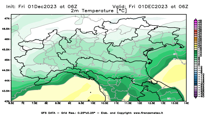 Mappa di analisi GFS - Temperatura a 2 metri dal suolo in Nord-Italia
							del 1 dicembre 2023 z06