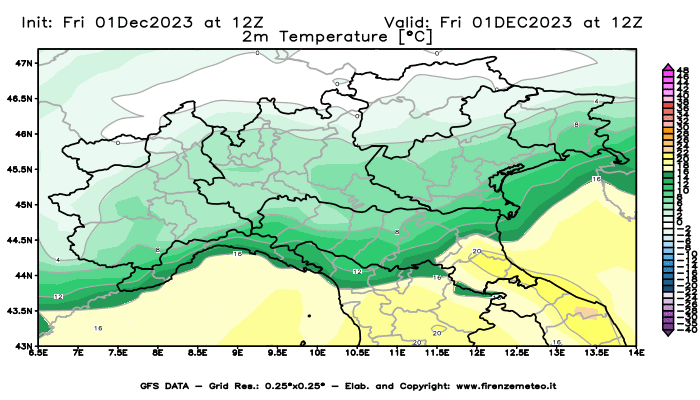 GFS analysi map - Temperature at 2 m above ground in Northern Italy
									on December 1, 2023 H12