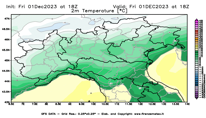 Mappa di analisi GFS - Temperatura a 2 metri dal suolo in Nord-Italia
							del 1 dicembre 2023 z18