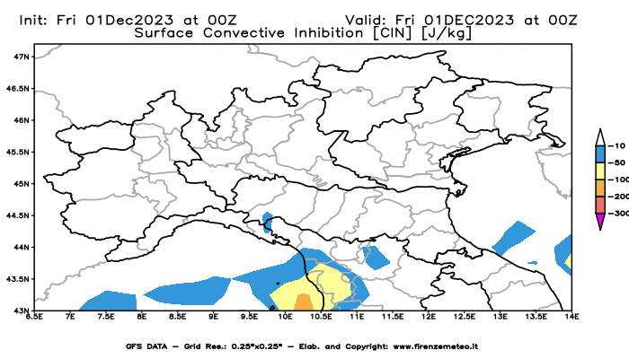 Mappa di analisi GFS - CIN in Nord-Italia
							del 1 dicembre 2023 z00