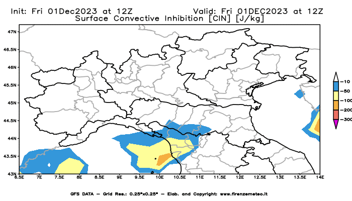 GFS analysi map - CIN in Northern Italy
									on December 1, 2023 H12
