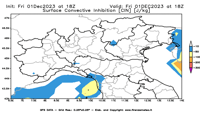 GFS analysi map - CIN in Northern Italy
									on December 1, 2023 H18