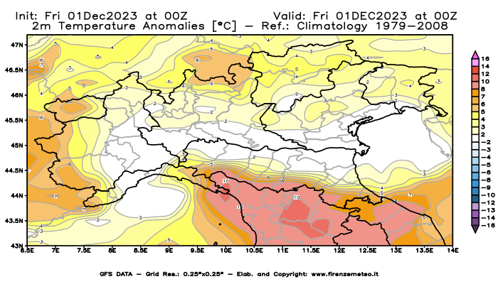 Mappa di analisi GFS - Anomalia Temperatura a 2 m in Nord-Italia
							del 1 dicembre 2023 z00