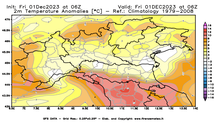 Mappa di analisi GFS - Anomalia Temperatura a 2 m in Nord-Italia
							del 1 dicembre 2023 z06