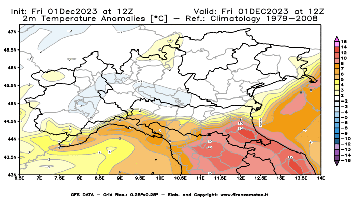 Mappa di analisi GFS - Anomalia Temperatura a 2 m in Nord-Italia
							del 1 dicembre 2023 z12