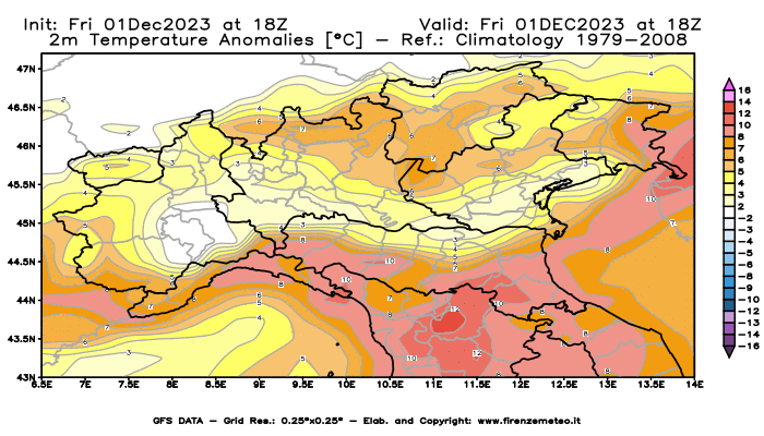 Mappa di analisi GFS - Anomalia Temperatura a 2 m in Nord-Italia
							del 1 dicembre 2023 z18