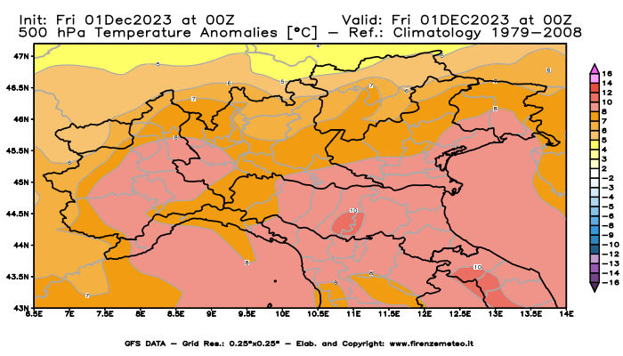 Mappa di analisi GFS - Anomalia Temperatura a 500 hPa in Nord-Italia
							del 1 dicembre 2023 z00