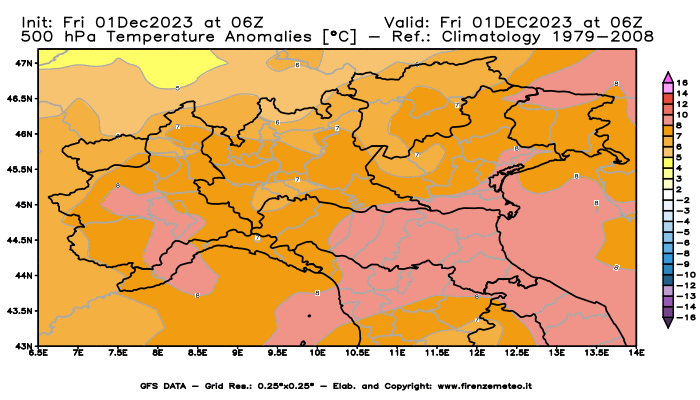 Mappa di analisi GFS - Anomalia Temperatura a 500 hPa in Nord-Italia
							del 1 dicembre 2023 z06
