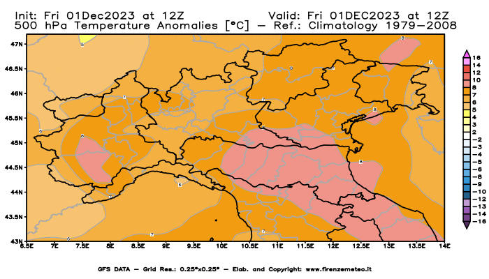 Mappa di analisi GFS - Anomalia Temperatura a 500 hPa in Nord-Italia
							del 1 dicembre 2023 z12