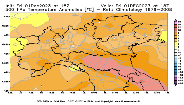 Mappa di analisi GFS - Anomalia Temperatura a 500 hPa in Nord-Italia
							del 1 dicembre 2023 z18