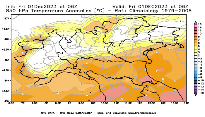 Mappa di analisi GFS - Anomalia Temperatura a 850 hPa in Nord-Italia
							del 1 dicembre 2023 z06