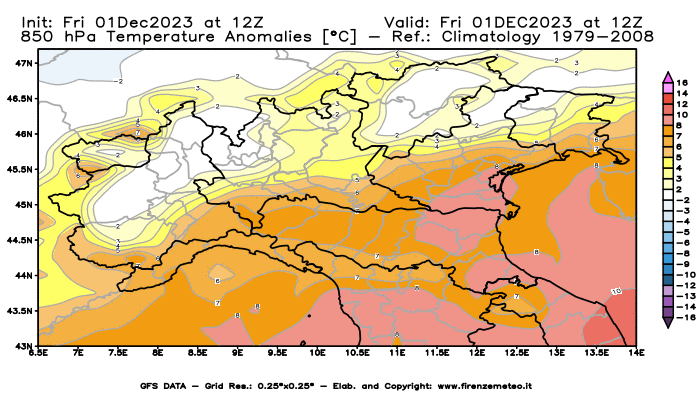 Mappa di analisi GFS - Anomalia Temperatura a 850 hPa in Nord-Italia
							del 1 dicembre 2023 z12