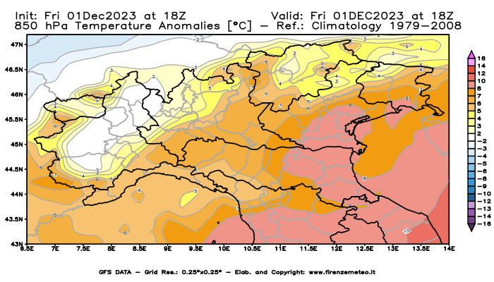 Mappa di analisi GFS - Anomalia Temperatura a 850 hPa in Nord-Italia
							del 1 dicembre 2023 z18