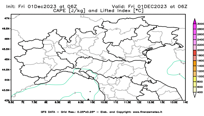 GFS analysi map - CAPE and Lifted Index in Northern Italy
									on December 1, 2023 H06