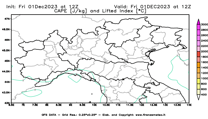 GFS analysi map - CAPE and Lifted Index in Northern Italy
									on December 1, 2023 H12