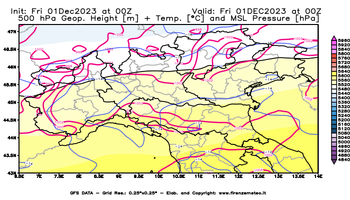 GFS analysi map - Geopotential + Temp. at 500 hPa + Sea Level Pressure in Northern Italy
									on December 1, 2023 H00