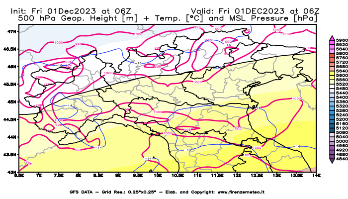 GFS analysi map - Geopotential + Temp. at 500 hPa + Sea Level Pressure in Northern Italy
									on December 1, 2023 H06
