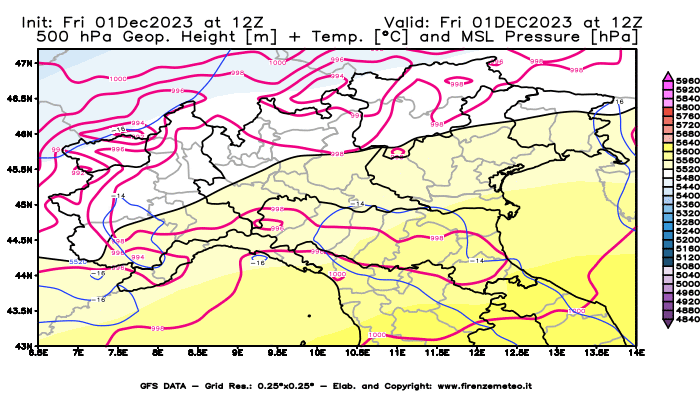 GFS analysi map - Geopotential + Temp. at 500 hPa + Sea Level Pressure in Northern Italy
									on December 1, 2023 H12